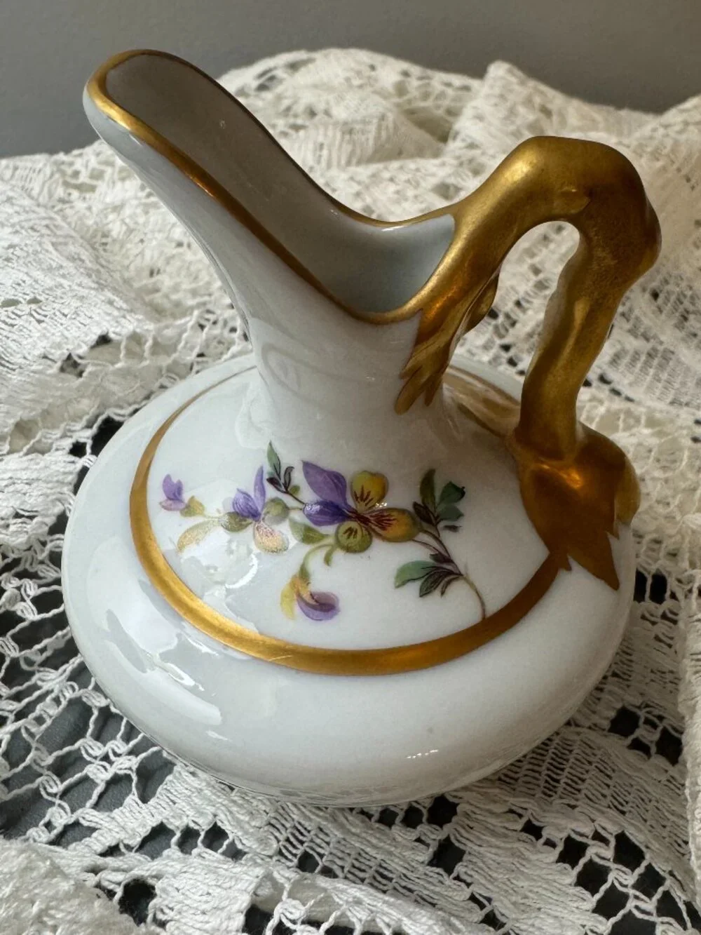 Vintage Limoges France Hand Painted 4” Porcelain Floral Ewer Pitcher Gold Gilt